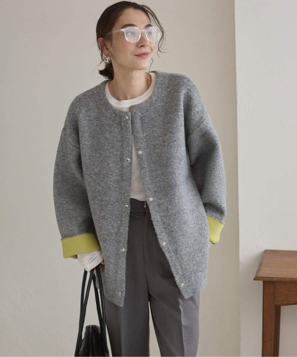 ノーカラーニットコート