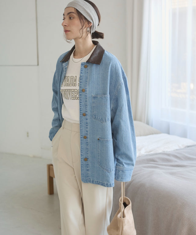 レザーカラーカバーオールジャケット