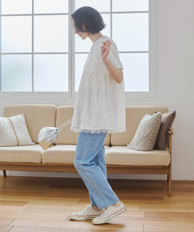 サテンレースドッキングレイヤードトップス