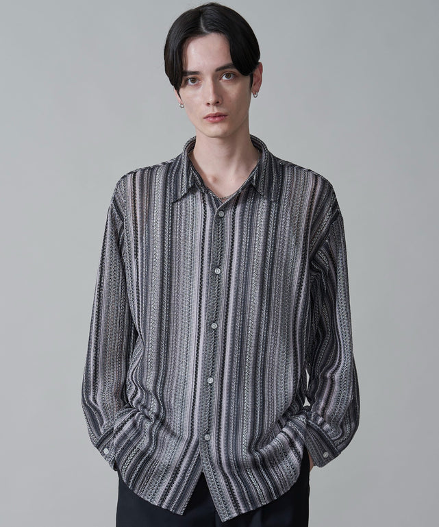 ストライプメッシュBIGシャツ（LS）/グレー　モデル：180㎝　L着用