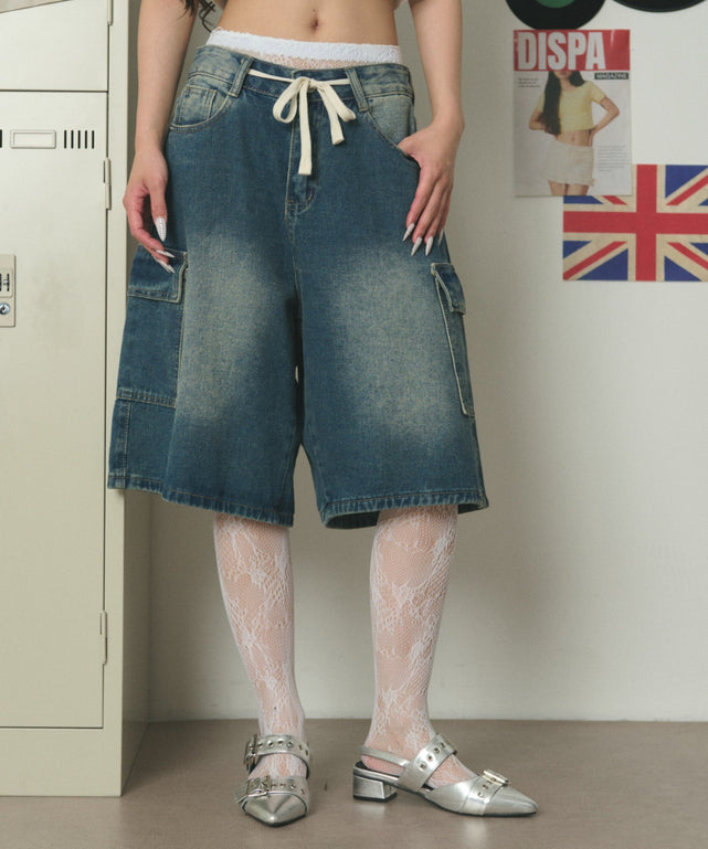ドロストカーゴハーフパンツ/デニム中濃 モデル：163cm S着用