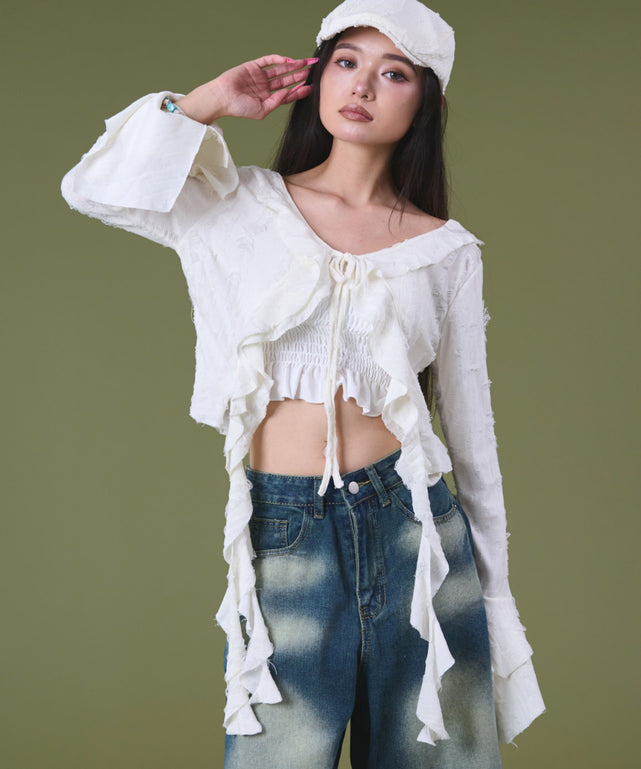 ダメージフリルヘムLSカーデ/オフホワイト モデル：163cm F着用