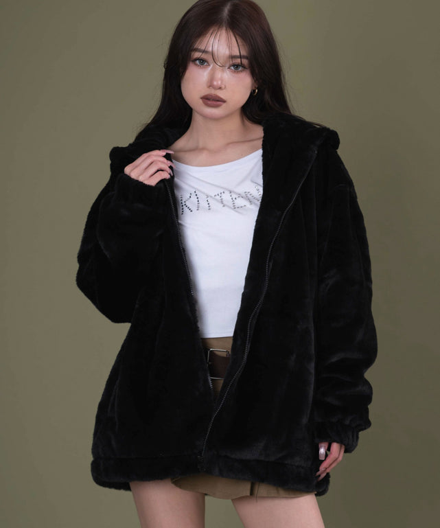 ファービッグジップパーカー/ブラック モデル：163cm F着用