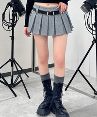ベルト付きダブルウエストプリーツミニスカパン