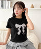 フリルヘムパッチワークTシャツ/ブラック モデル：155cm F着用