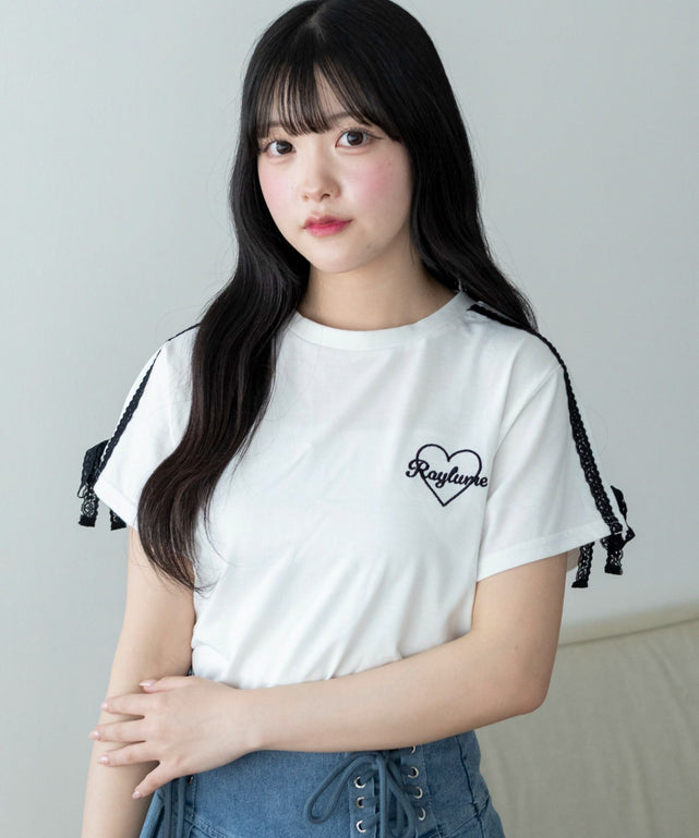 2ラインレースリボンT/ホワイト モデル：155cm F着用