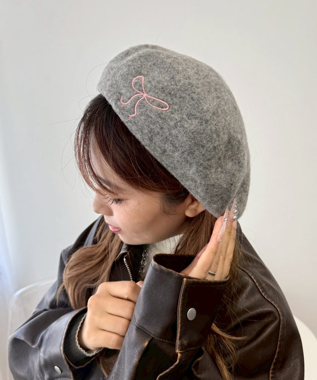 リボン刺繍ベレー/グレー