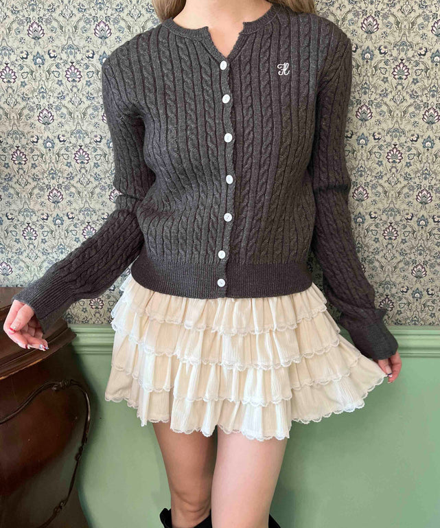ワンポイントケーブルカーディガン/グレー モデル：160㎝ F着用