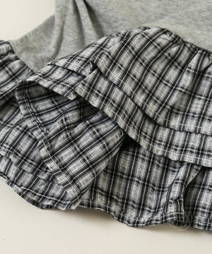 チェックパッチオフショルフリルTシャツ