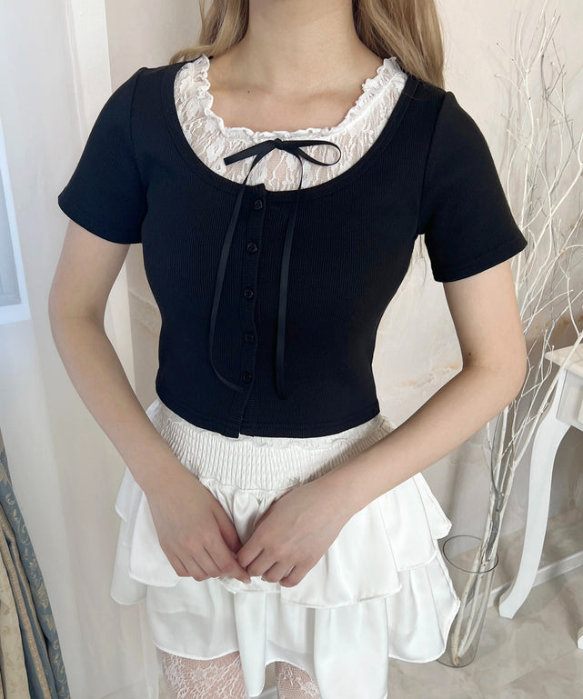 レースレイヤード半袖トップス/ブラック モデル：160㎝ F着用