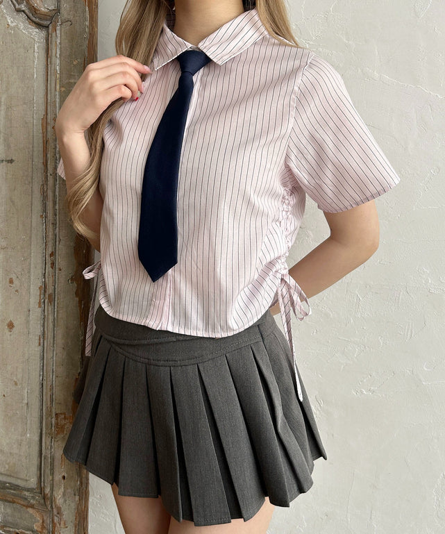 ネクタイセット半袖ドロストシャツ/ピンク モデル：160㎝ F着用
