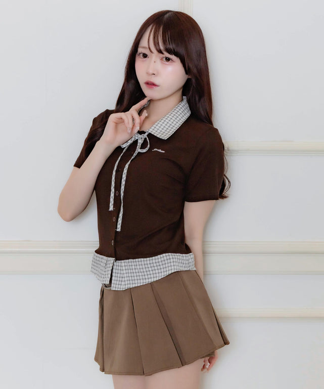 リボンブラウスドッキングTシャツ/ブラウン モデル：160㎝ F着用