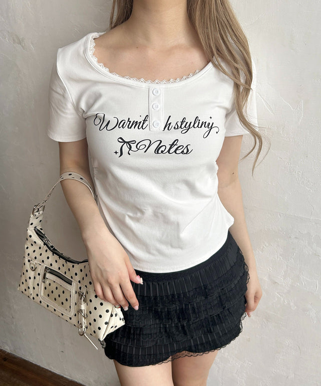 メッセージロゴヘンリーピチTシャツ/ホワイト モデル：160㎝ F着用