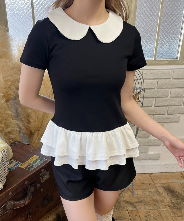 ヘムフリル襟付きトップス/ブラック モデル：160㎝ F着用