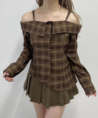 リボンベルトオフショルチェックシャツ