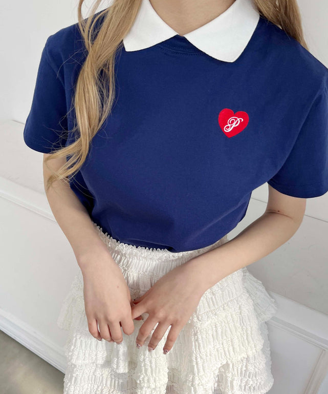 ハートワンポイント襟付きTシャツ/ネイビー モデル：160㎝ F着用