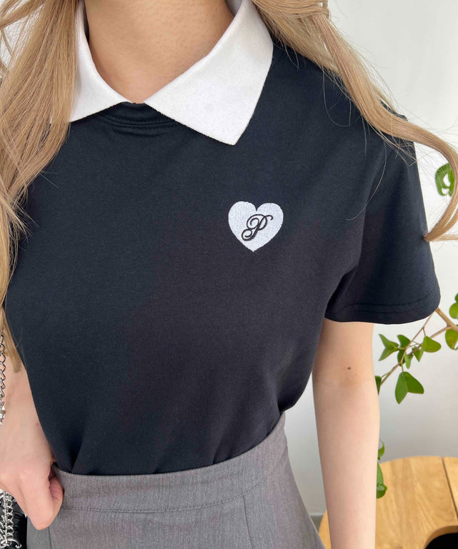 ハートワンポイント襟付きTシャツ