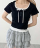 レイヤード風フロントリボンTシャツ/ブラック モデル：160㎝ F着用