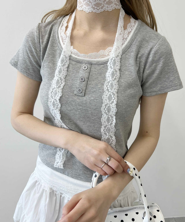 レースポイントフェイクレイヤードTシャツ/グレー モデル：160㎝ F着用