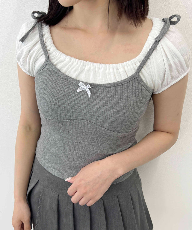 リボンキャミドッキングTシャツ/グレー モデル：147㎝ F着用