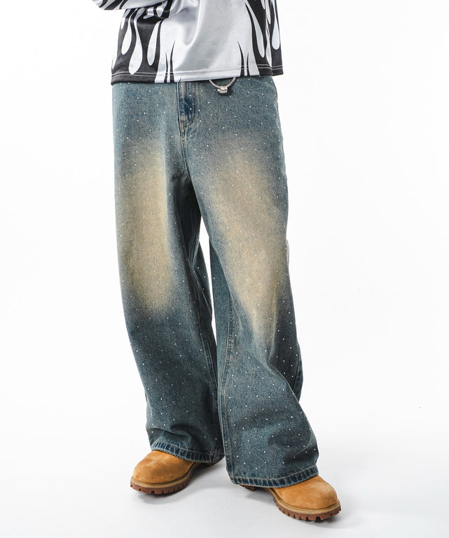 スーパーバギーラインストーンデニムパンツ/デニム中濃加工 モデル：180cm L着用