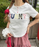 アソートボタンパッチワークロゴTシャツ/ホワイト モデル：155㎝ F着用
