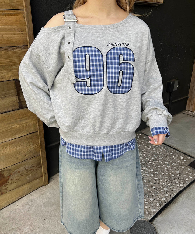 チェックレイヤードワンショルスウェット/グレー モデル：160㎝ F着用