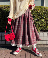 フリルレイヤードチェックロングスカート