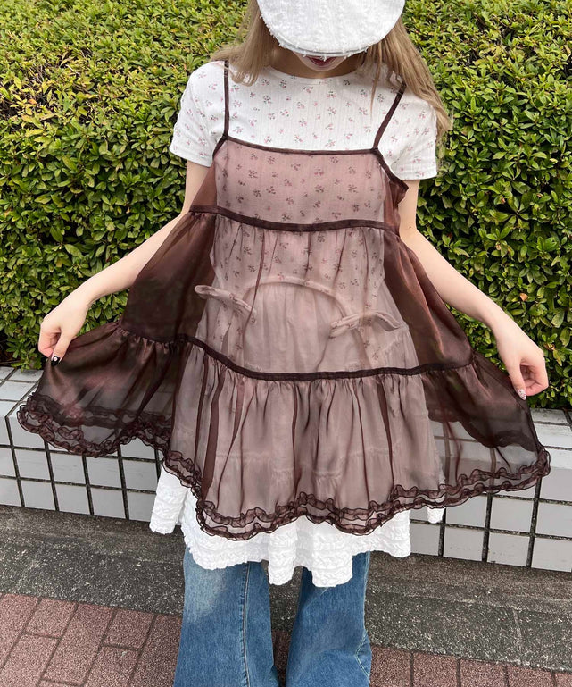 シアーフリルキャミワンピース/ブラウン モデル：160㎝ F着用