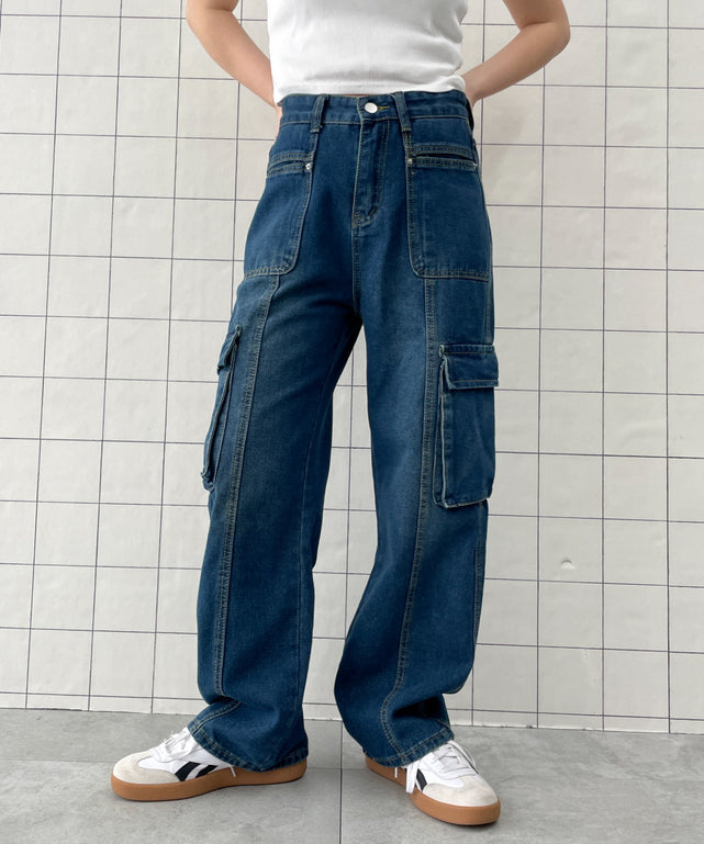 マルチポケットワイドカーゴパンツ/ブルー　モデル:155cm M着用