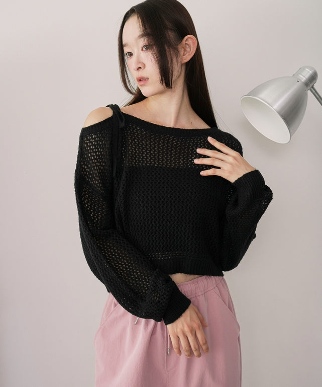 モヘアタッチ2WAYワンショルニット/ブラック モデル：163cm F着用