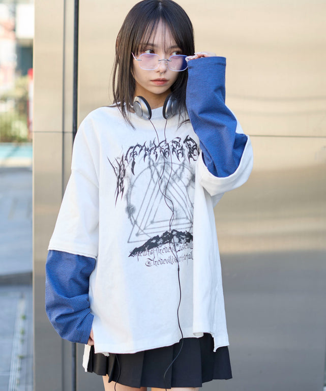 フェイクレイヤードグラフィックT（LS）/ブルーボーダー　モデル:159cm L着用