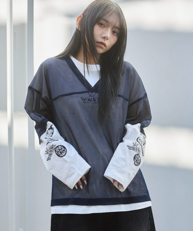 メッシュスリーブロゴアンサンブルT/ホワイト モデル:159cm F着用