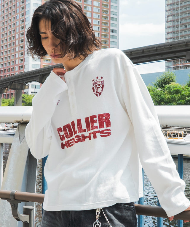 ワッフルグラフィックヘンリーネックT(LS)/ホワイト モデル：182cm L着用