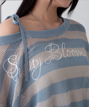 刺繍ロゴワンショルメッシュニット
