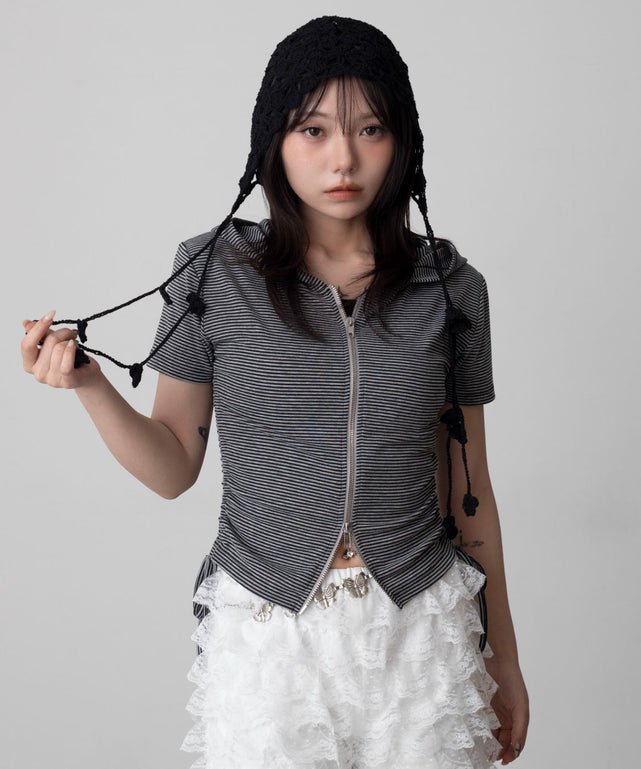 半袖ドロストWジップパーカー/柄１　モデル：159cm F着用