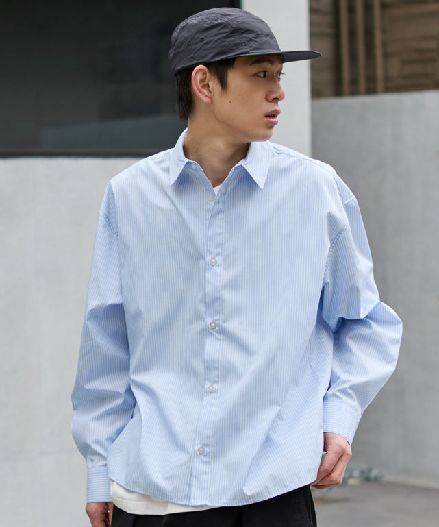 クロップドブロードシャツ/ブルーストライプ モデル：181cm L着用