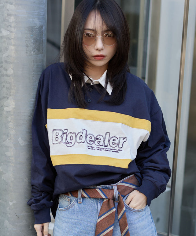 ステッチロゴラガーシャツ/ネイビー モデル：159cm M着用