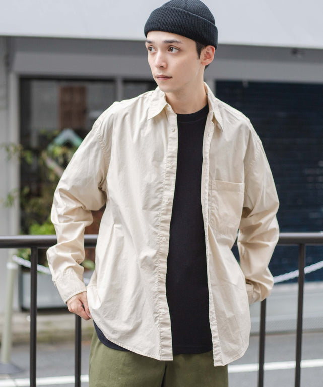パッカリングブロードシャツ/ベージュ　モデル：175cm 　L着用